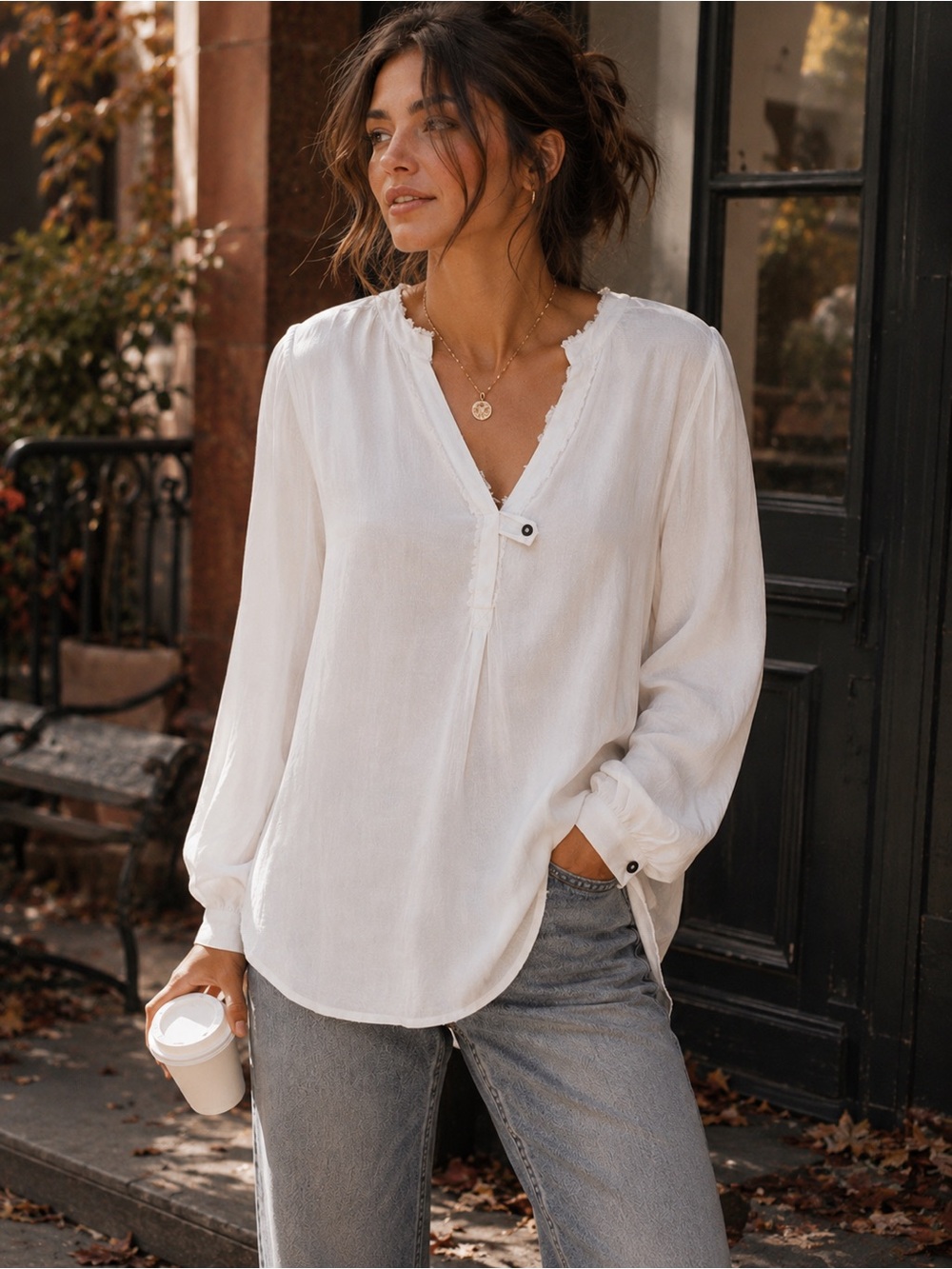 Dolan Left Coast Collection Raw Frayed V Neck Hi Low Blouse White M